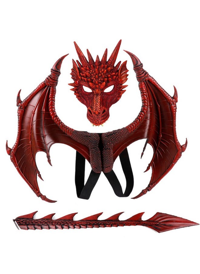 Dragon Costumes Set Devil Wings Demon Tail Dino Mask For Halloween Masquerade Party Cosplay (Red)