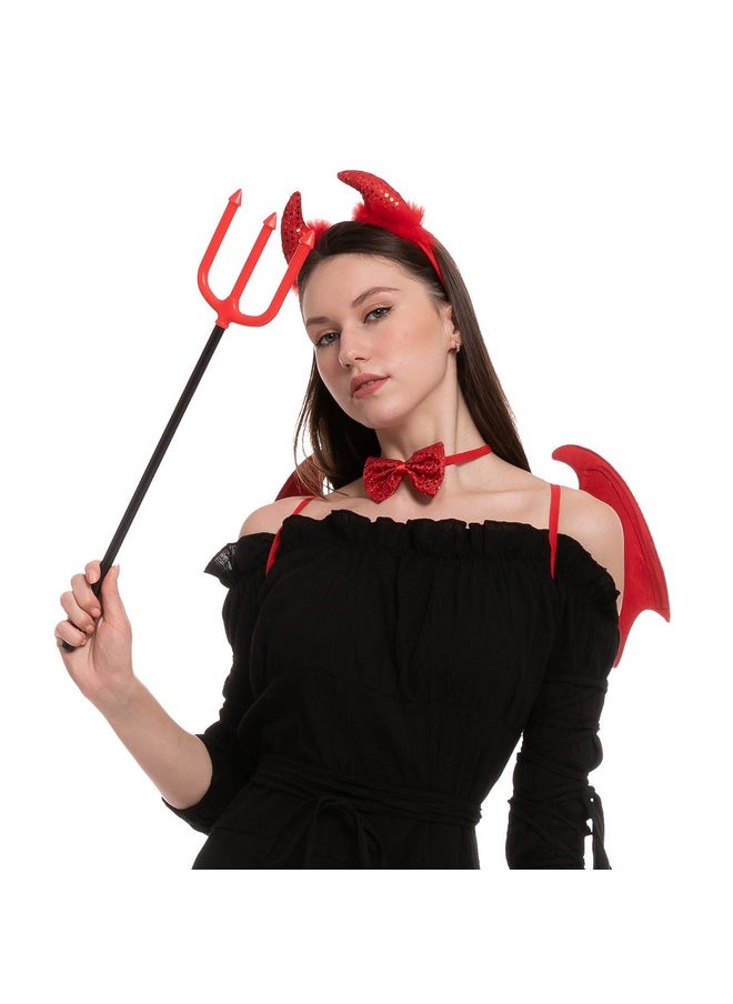 5 Pieces Halloween Devil Costume Set With Red Devil Wings, Devil Pitchfork, Bow Tie, Sequin Devil Horn Headband, And Devil Tail Demon Costume Accessories For Cosplay Party