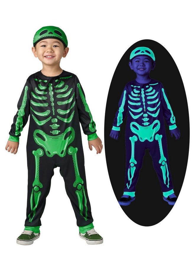 Rainbow Skeleton Costume With Hat For Toddler 2-4T, Black-Light Responsive, Halloween Cosplay Costume (Boys)