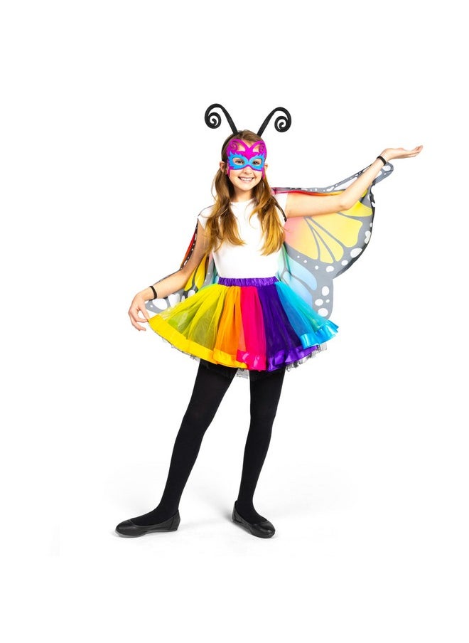 Fairy Rainbow Butterfly Wing Kids, Halloween Costumes For Girls Dress Up, Birthday Gift For Girl With Tutu, Headband, Mask