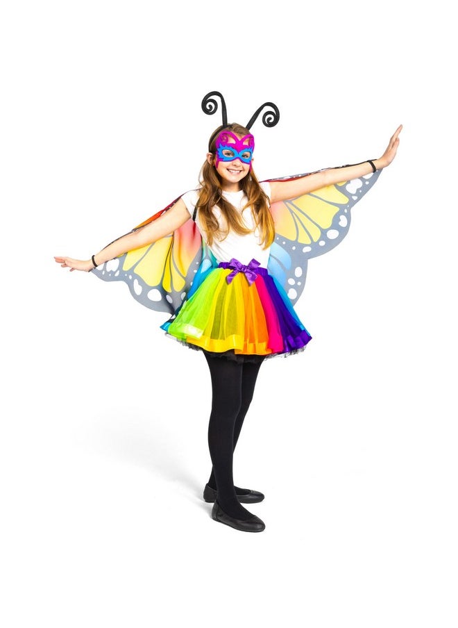 Fairy Rainbow Butterfly Wing Kids, Halloween Costumes For Girls Dress Up, Birthday Gift For Girl With Tutu, Headband, Mask