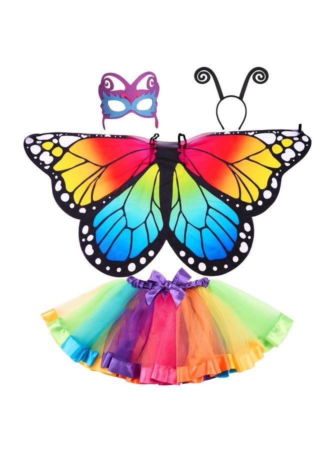 Fairy Rainbow Butterfly Wing Kids, Halloween Costumes For Girls Dress Up, Birthday Gift For Girl With Tutu, Headband, Mask