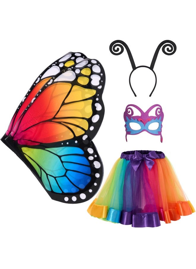 Fairy Rainbow Butterfly Wing Kids, Halloween Costumes For Girls Dress Up, Birthday Gift For Girl With Tutu, Headband, Mask