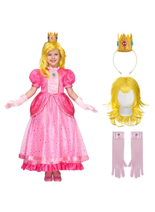 Halloween Princess Dress Up For Girls, Kids Pink Peach Princess Dress, Crown Costume Set For Toddler Birthday, Cosplay Roleplay Party (Small (5-7 Yrs))