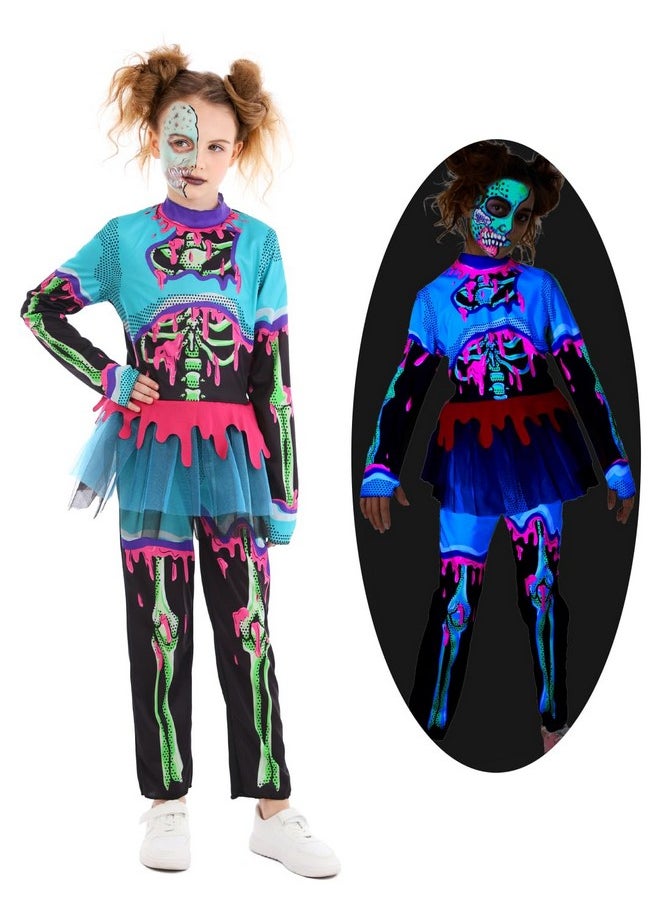 Pop Art Zombie Costume For Girls, Black-Light Responsive Costumes For Halloween Glow Party (M(8-10))