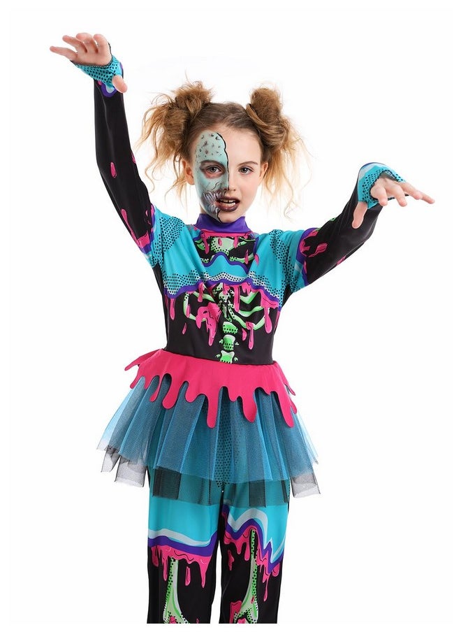 Pop Art Zombie Costume For Girls, Black-Light Responsive Costumes For Halloween Glow Party (M(8-10))