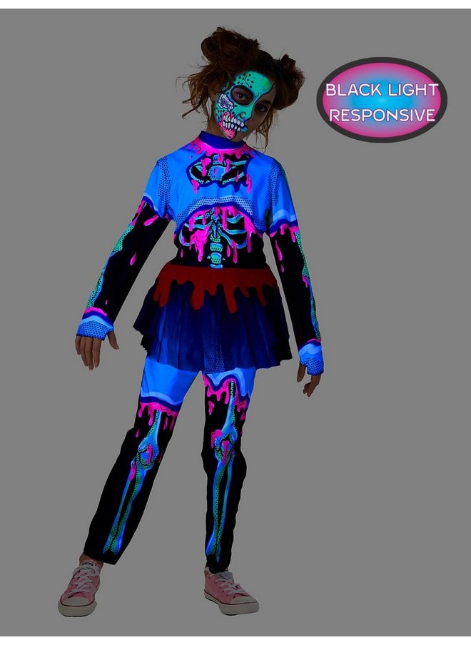 Pop Art Zombie Costume For Girls, Black-Light Responsive Costumes For Halloween Glow Party (M(8-10))