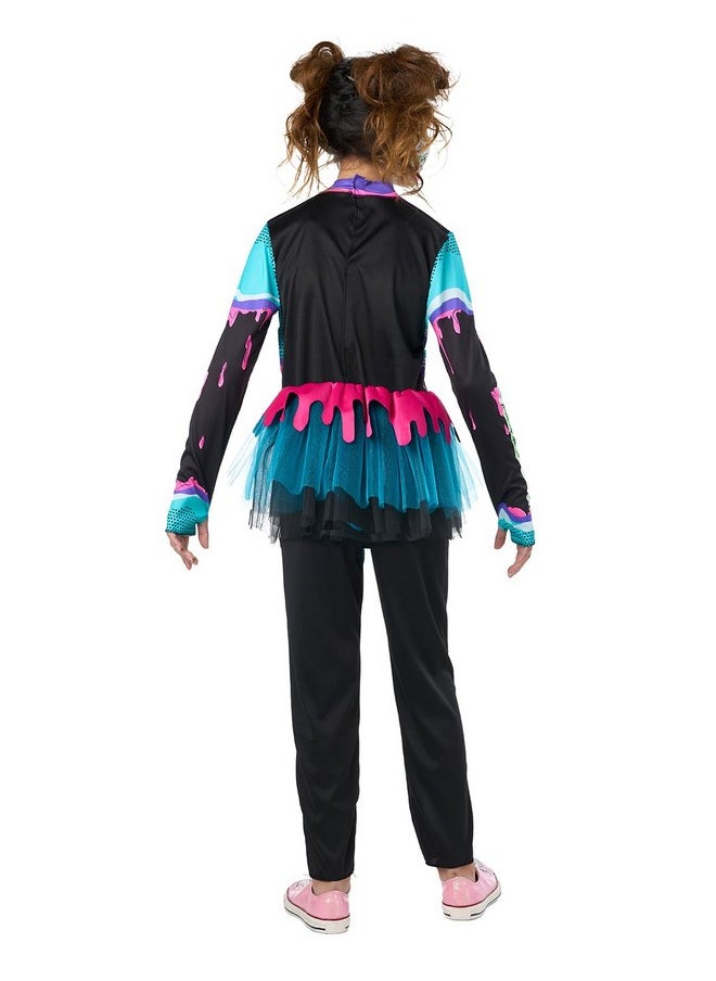 Pop Art Zombie Costume For Girls, Black-Light Responsive Costumes For Halloween Glow Party (M(8-10))