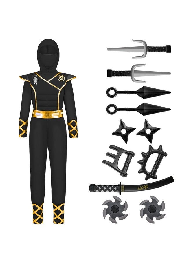 Halloween Ninja Costume, Balck Golden Ninja Costume Kids, Ninja Accessories Costume Set, Ninja Dressing Up, Halloween Costumes For Boys Dressup (Small (5-7 Yrs))