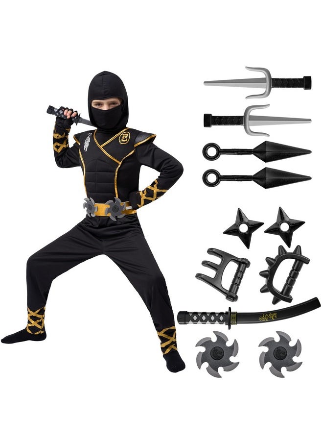 Halloween Ninja Costume, Balck Golden Ninja Costume Kids, Ninja Accessories Costume Set, Ninja Dressing Up, Halloween Costumes For Boys Dressup (Small (5-7 Yrs))