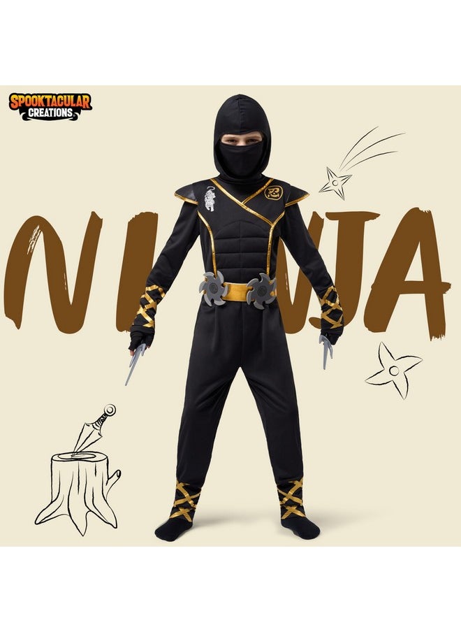 Halloween Ninja Costume, Balck Golden Ninja Costume Kids, Ninja Accessories Costume Set, Ninja Dressing Up, Halloween Costumes For Boys Dressup (Small (5-7 Yrs))