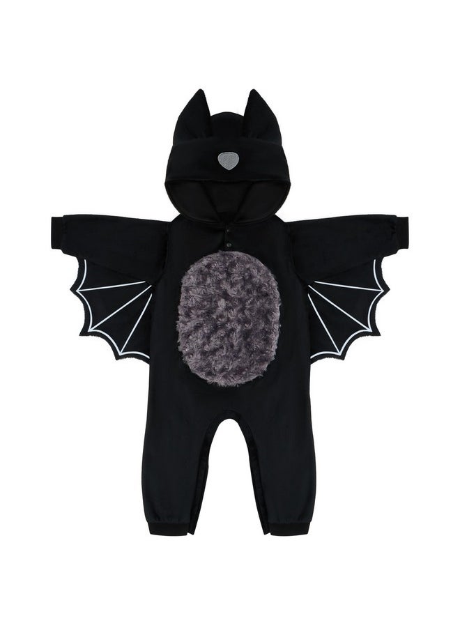 Halloween Baby Unisex Pajama, Black Bat Toddler Hooded Jumpsuit Costume With A Tail, Zip-Up Hooded Sleepwear For Halloween Cosplay Costume