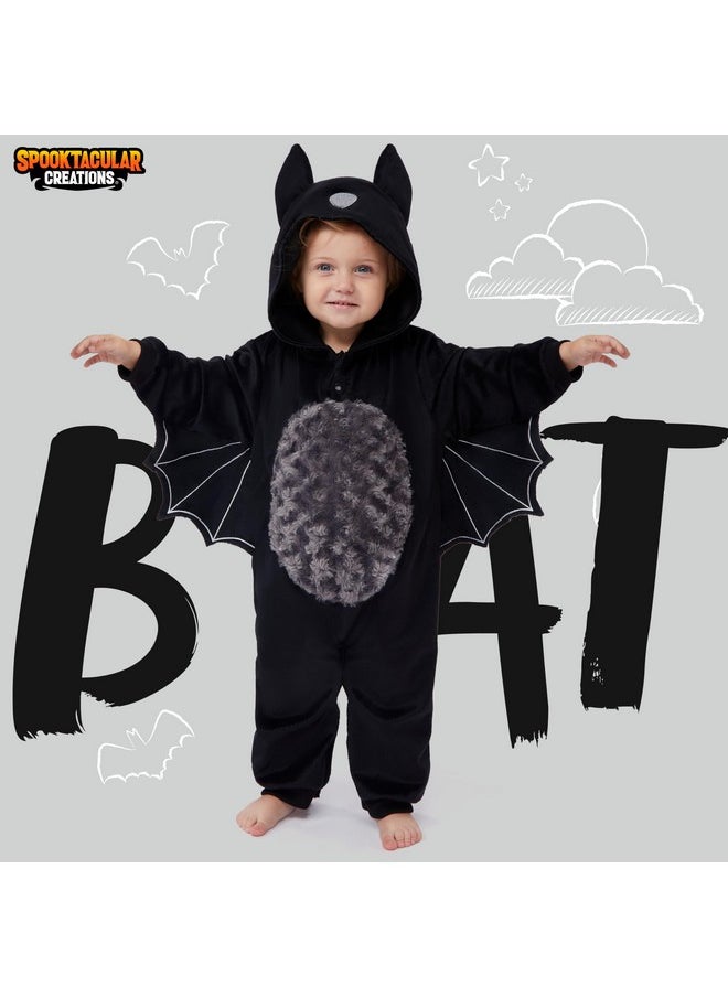 Halloween Baby Unisex Pajama, Black Bat Toddler Hooded Jumpsuit Costume With A Tail, Zip-Up Hooded Sleepwear For Halloween Cosplay Costume