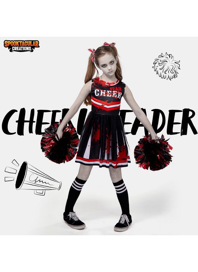 Halloween Cheerleader Costume For Girls, Kids Zombie Cheerleader Outfit, Dead Fearleader Dress For Halloween Scary Costume Role Play Parties, Red Black, M