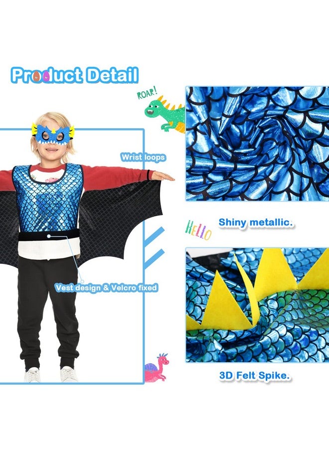 Dragon-Wings Costume For Kids Mask Dinosaur Dress Up Cape For Boys Girls Halloween-Party Gifts Toys (Metallic Blue) (Metallic Blue)