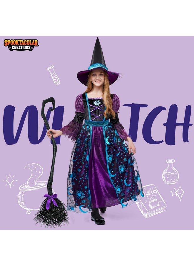 Witch Costume For Girls, Halloween Witch Dress With Broom Hat, Kids Moon Shimmer Witch Costume Set For Wizard Role Play Themed Parties (Medium(8-10 Yrs))