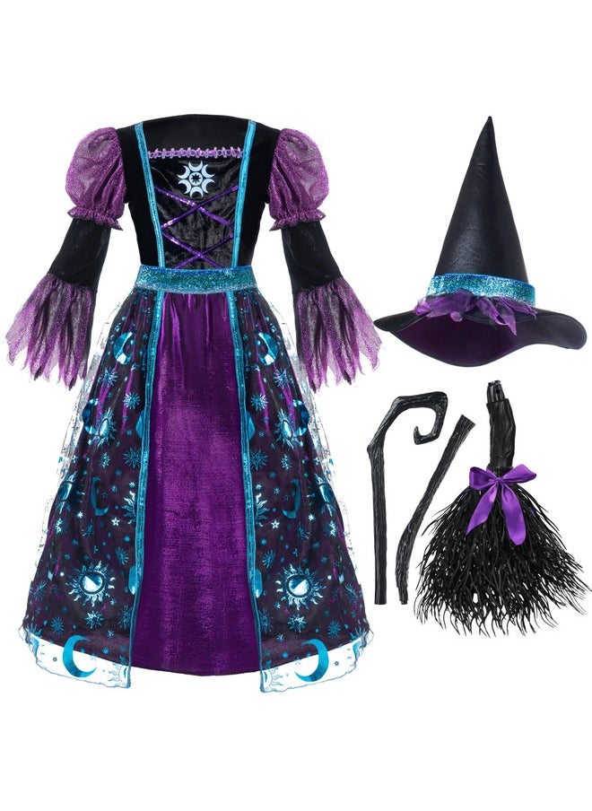 Witch Costume For Girls, Halloween Witch Dress With Broom Hat, Kids Moon Shimmer Witch Costume Set For Wizard Role Play Themed Parties (Medium(8-10 Yrs))