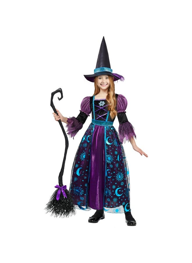 Witch Costume For Girls, Halloween Witch Dress With Broom Hat, Kids Moon Shimmer Witch Costume Set For Wizard Role Play Themed Parties (Medium(8-10 Yrs))