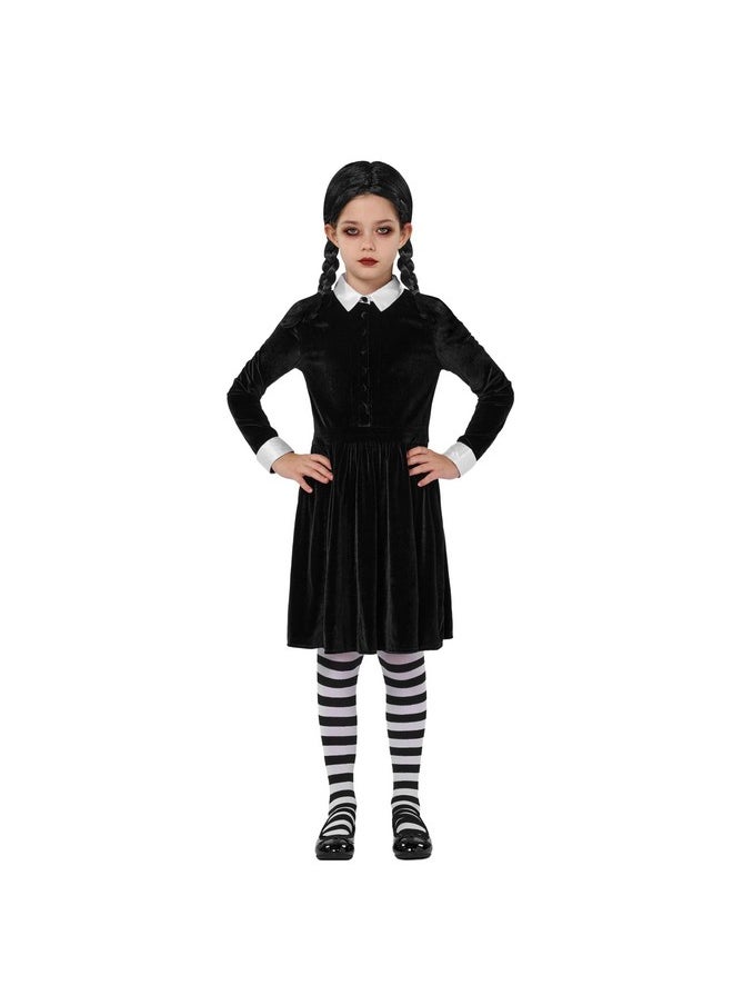 Girls Collar Black Dress, Long Sleeve School Girl Costume With Wig, Velvet Skater Dress For Kids Toddler Halloween, Cosplay Party (Medium (8-10 Yrs))