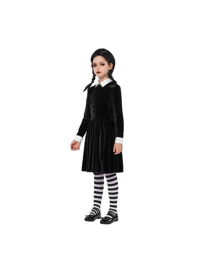 Girls Collar Black Dress, Long Sleeve School Girl Costume With Wig, Velvet Skater Dress For Kids Toddler Halloween, Cosplay Party (Medium (8-10 Yrs))