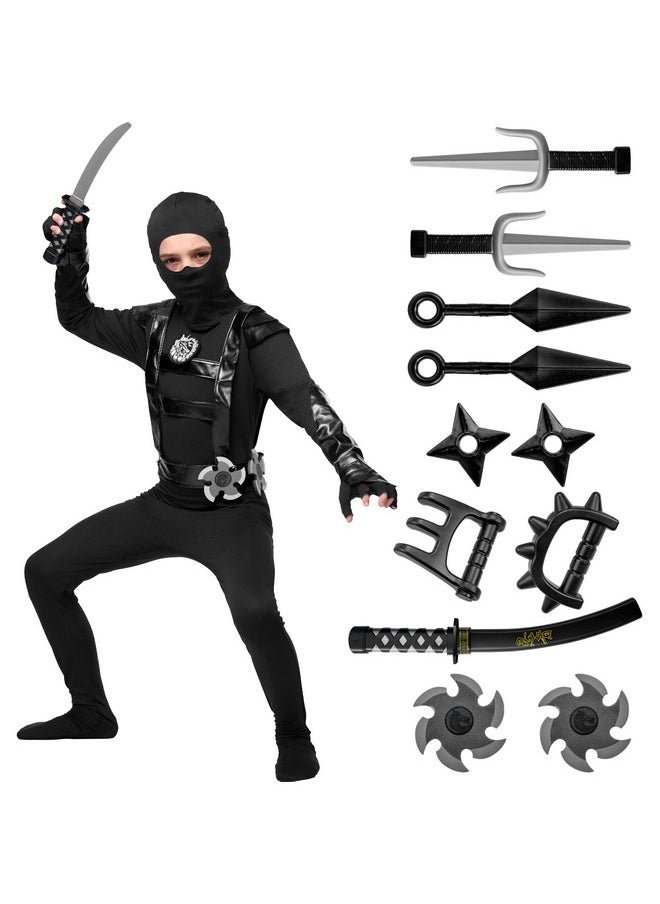 Halloween Boys Ninja Costume, Black Ninja Costume Accessories Set, Ninja Outfit With Ninja Toys For Kids Dress-Up And Role-Play Party (Medium (8-10 Yrs))