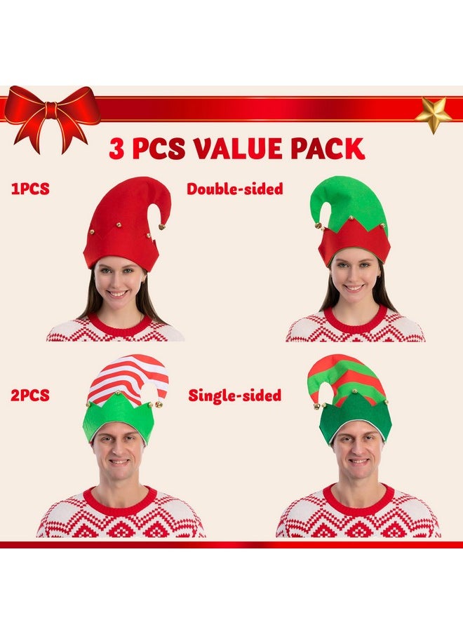 3 Packs Unisex Classic Elf Felt Hats For Christmas Jingle Bells Xmas Hats For Kids Adults Funny Hats For Christmas