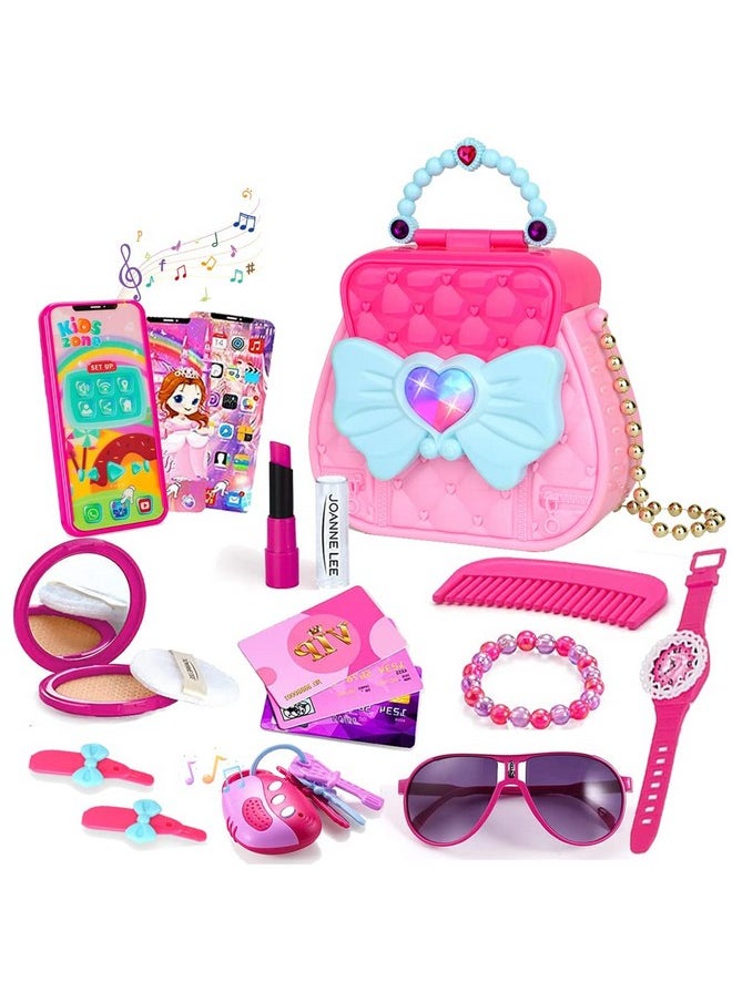 Pretend My First Purse Princess Set For Girls Fashion Stylish Handbag With Pretend Play Beauty Makeup Accessories Smart Phone Watches Glasses Keys Petty Cards For Little Kid 17 Pcs