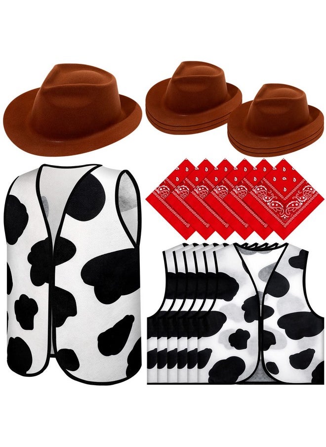 18 Pcs Kids Western Costume Set Include 6 Western Cowboy Felt Hat With 6 Bandanna 6 Cow Vest Tops For Boys Girls Halloween (Brown)