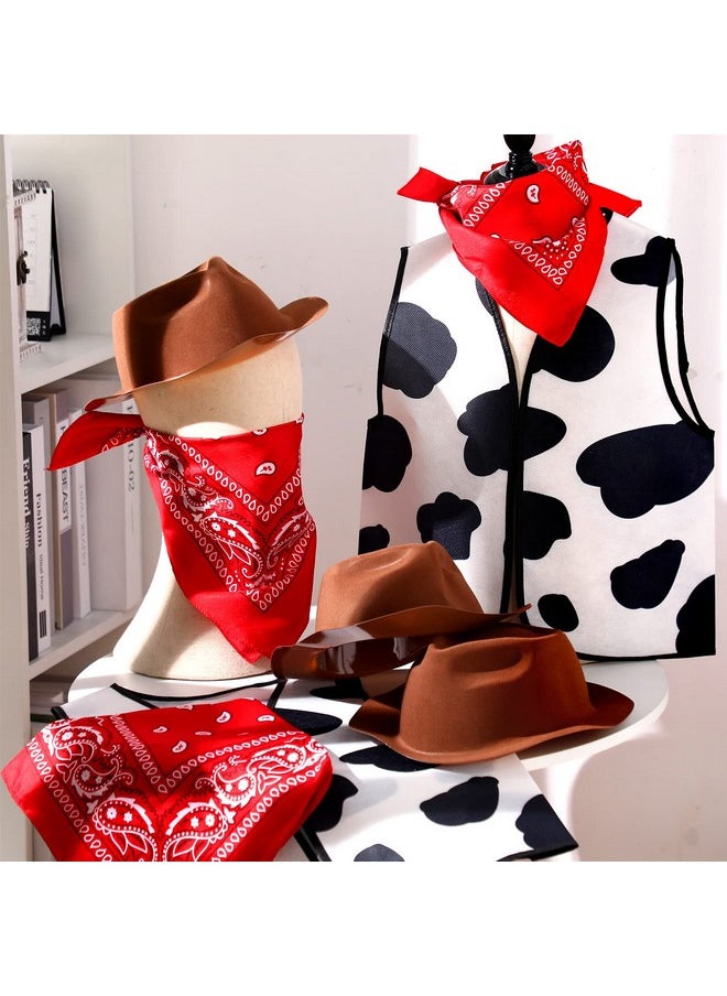 18 Pcs Kids Western Costume Set Include 6 Western Cowboy Felt Hat With 6 Bandanna 6 Cow Vest Tops For Boys Girls Halloween (Brown)