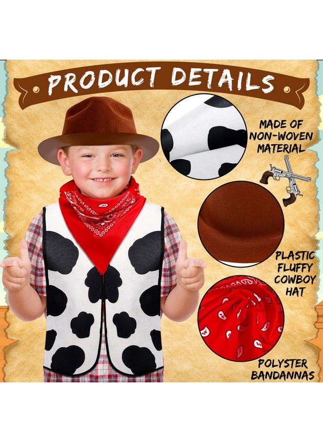 18 Pcs Kids Western Costume Set Include 6 Western Cowboy Felt Hat With 6 Bandanna 6 Cow Vest Tops For Boys Girls Halloween (Brown)