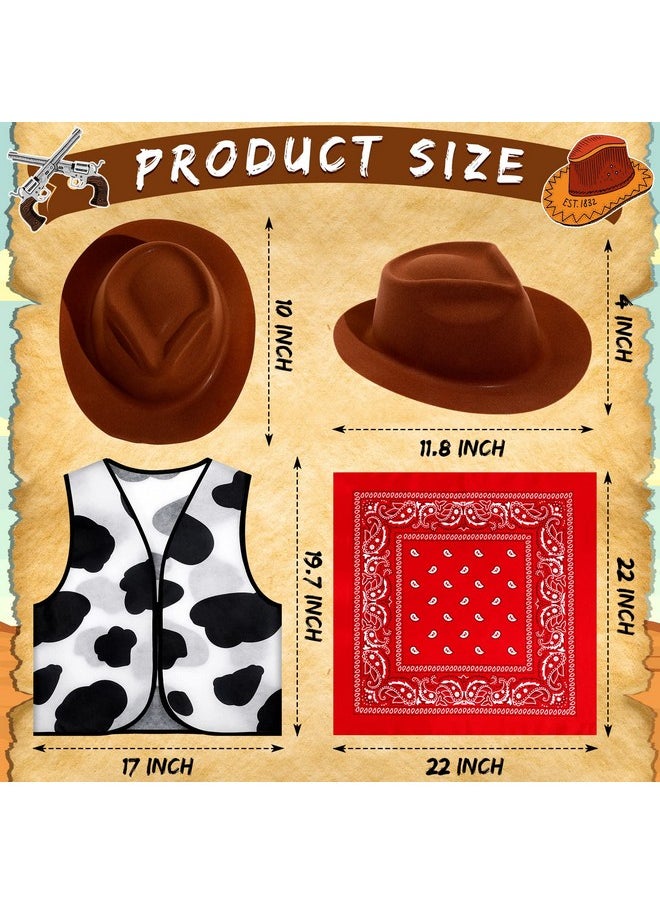 18 Pcs Kids Western Costume Set Include 6 Western Cowboy Felt Hat With 6 Bandanna 6 Cow Vest Tops For Boys Girls Halloween (Brown)