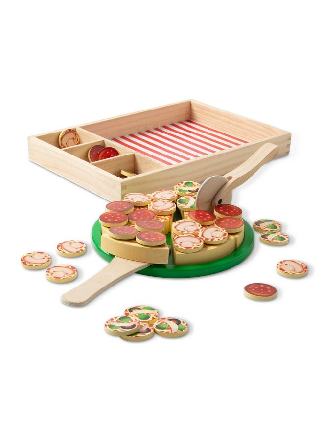 Wooden Pizza Play Food Set With 36 Toppings Pretend Food And Pizza Cutter Toy For Kids Ages 3+