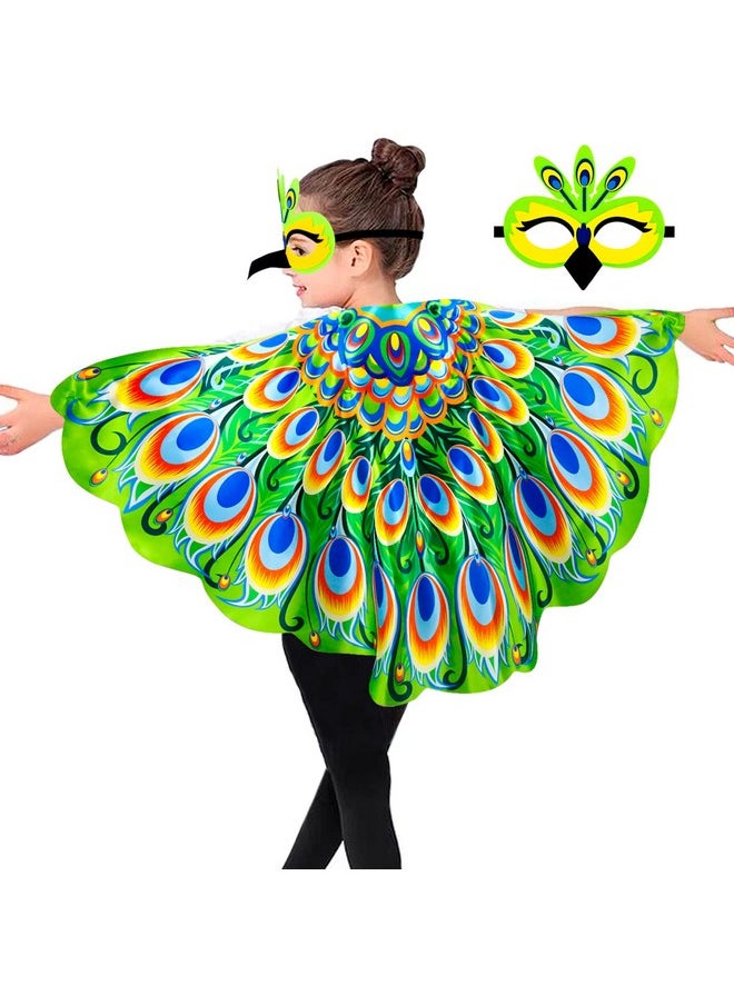 Birdcostumepeacockwings For Kids With Birdmask As Girls Boys Owl Dressup Pretend Play Halloween Party Favors Gifts Toys (Green)