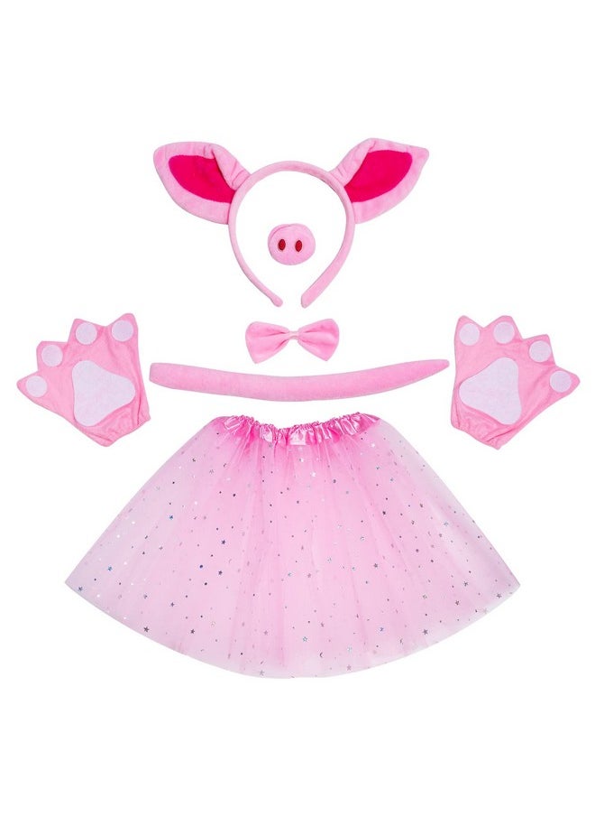 Pink Pig Costume Tutu Set Pig Ears Headband Nose Tail Bow Tie Paws Tutu Skirt Animal Fancy Cosplay Accessories For Halloween Christmas Carnival Party