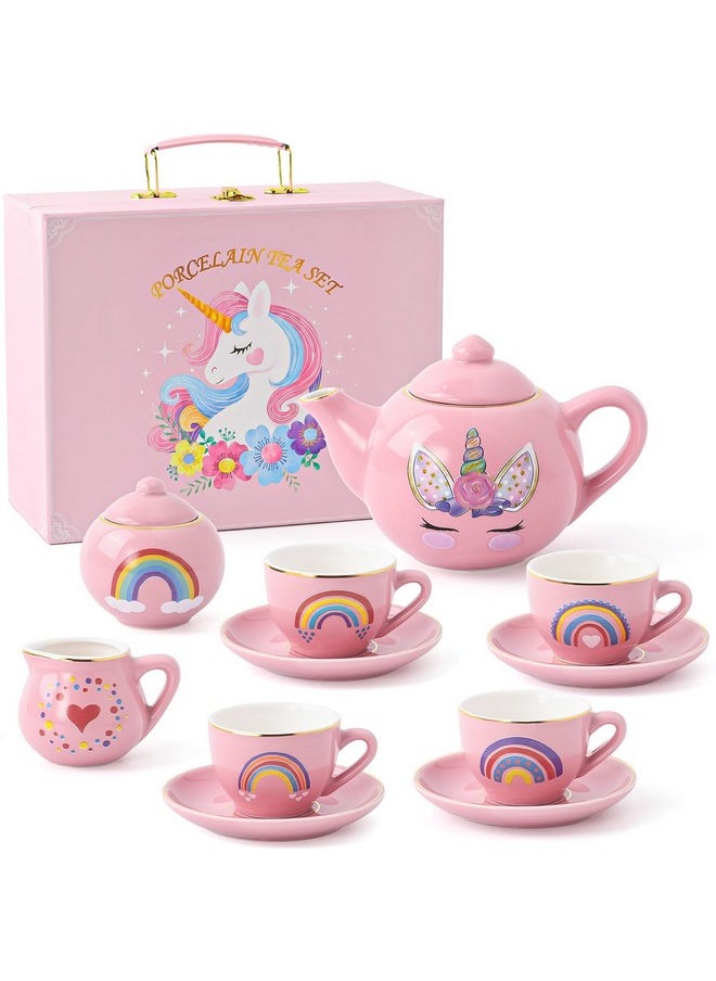 Porcelain Tea Party Set For Little Girls Kids Toddlers 13Pcs Ceramic Tea Set With Unicorn Tea Pot Cups And Saucers & Carrying Case Pretend Play Toys Kitchen Set For 3 4 5 6+ Year Old Christmas