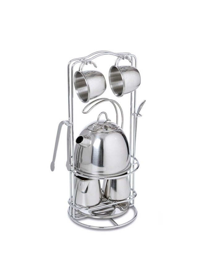 Stainless Steel Pretend Play Tea Set And Storage Rack For Kids (11 Pcs)