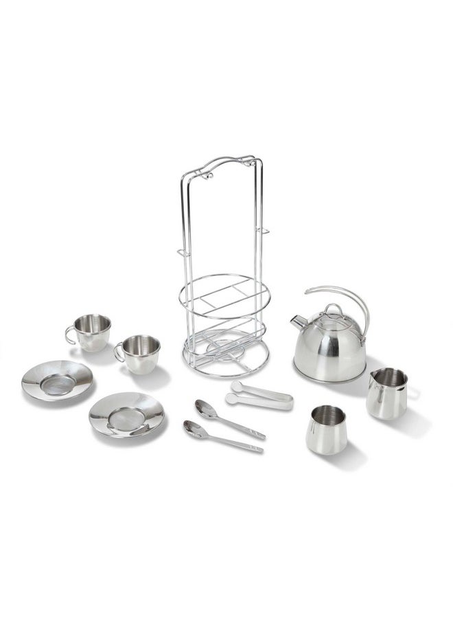 Stainless Steel Pretend Play Tea Set And Storage Rack For Kids (11 Pcs)