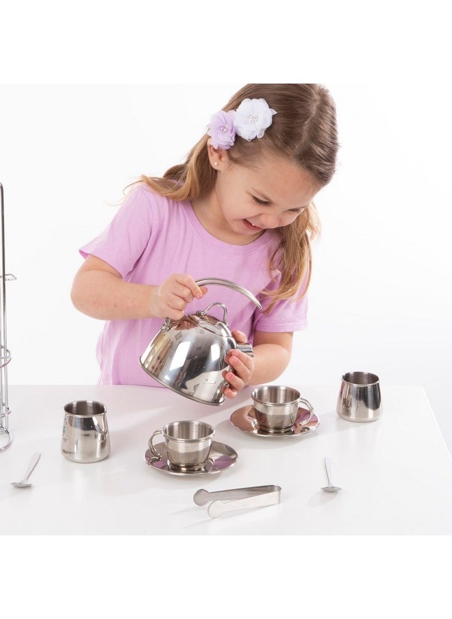 Stainless Steel Pretend Play Tea Set And Storage Rack For Kids (11 Pcs)