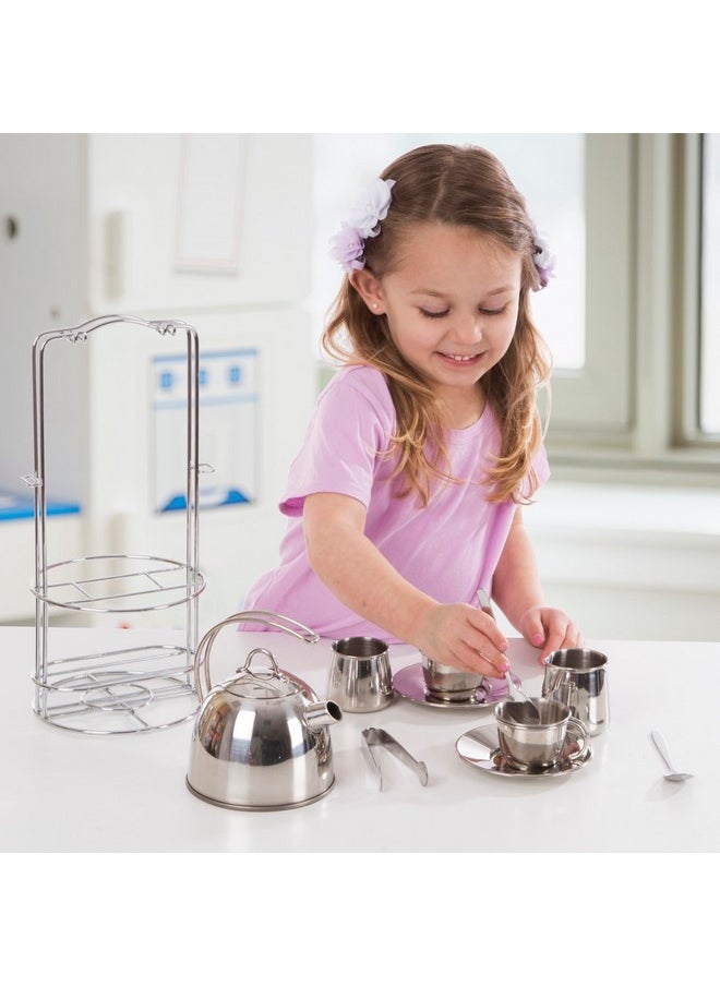 Stainless Steel Pretend Play Tea Set And Storage Rack For Kids (11 Pcs)