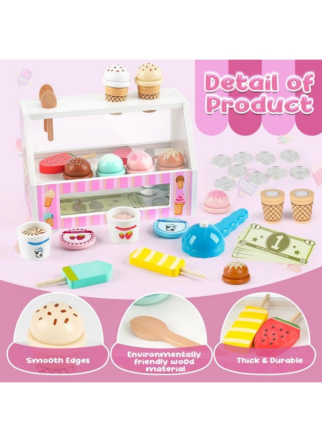 Ice Cream Counter Playset For Kids 38 Pcs Wooden Ice Cream Set Shop For Toddlers 35 Toddler Pretend Play Toy Christmas Birthday Gift For Boys And Girls