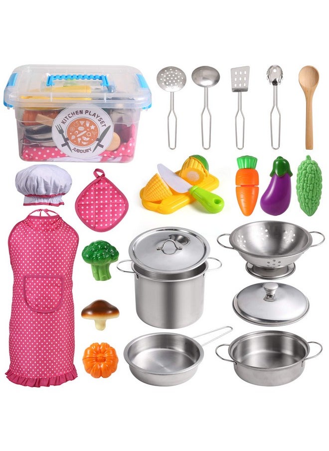 Kitchen Pretend Play Toys With Stainless Steel Cookware Pots And Pans Set Cooking Utensils Apron & Chef Hat Cutting Vegetables For Kids Girls Boys Toddlers