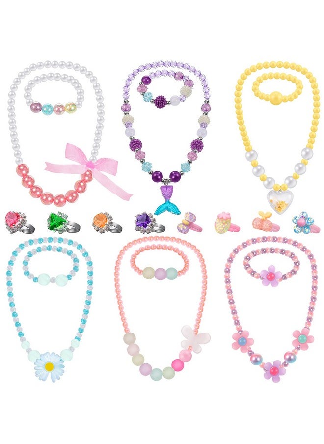 6 Sets Play Jewelry For Little Girls Princess Necklace Bracelet Set Includes Kid Beaded Necklace Bracelet With 8 Rings For Toddler Christmas Birthday Party Favors Cosplay (Heart Flower Style)