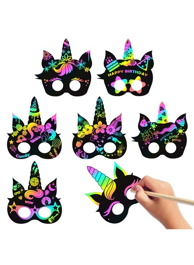 24Pcs Unicorn Mask Rainbow Scratch Unicorn Diy Masks Party Favors Color Reveal Scratchboard Unicorn Theme Birthday Party Supplies Decorations Dress Up Costumes Crafts Kit For Boys Girls