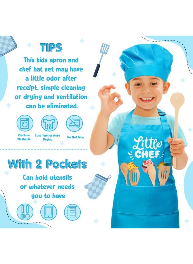 2 Pcs Kid Apron And Chef Hat Set Adjustable Children Blue Kitchen Apron Cooking Baking Painting And Training Kits Dress Up Role Play Chef Toy Kid Funny Cooking Gift New Year Christmas Gift