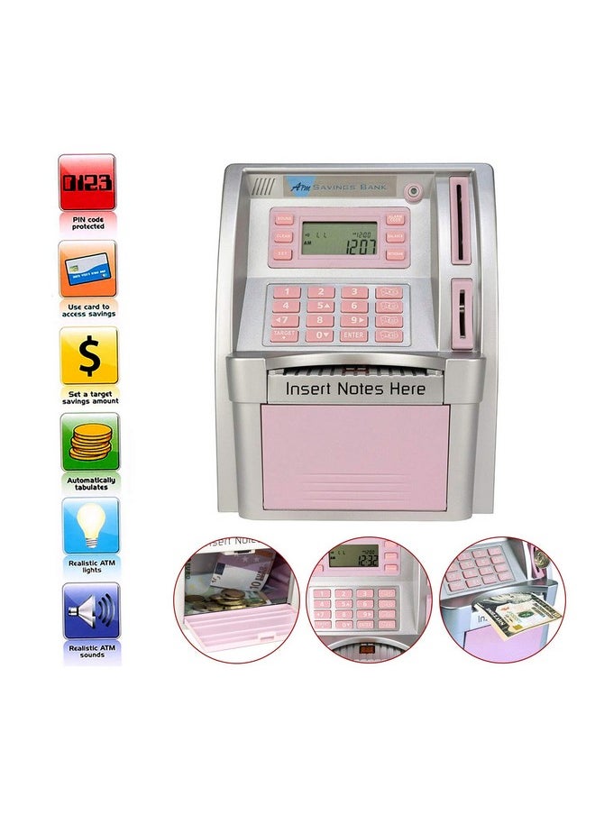 2023 Upgraded Atm Saving Bank Machine For Kids Adults With Card Atm Piggy Bank For Real Money Coin Recognition Mini Atm Savings Bank Money Machine Educational Christmas Birthday Gift(Silverpink)