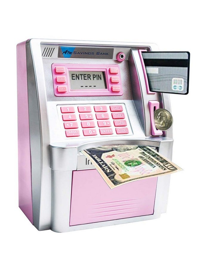 2023 Upgraded Atm Saving Bank Machine For Kids Adults With Card Atm Piggy Bank For Real Money Coin Recognition Mini Atm Savings Bank Money Machine Educational Christmas Birthday Gift(Silverpink)