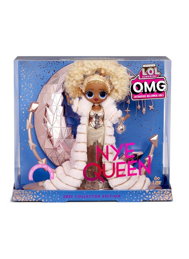 Holiday Omg 2021 Collector Nye Queen Fashion Doll With Gold Fashions Accessories New Year'S Celebration Outfit Light Up Stand Gift For Kids & Collectors Toys Girls Ages 4 5 6 7+