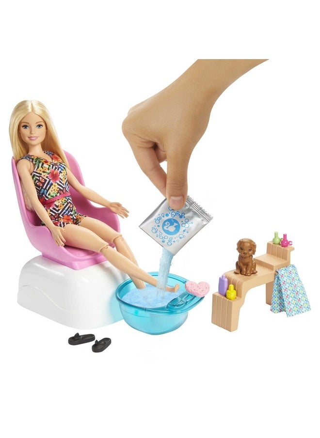 Barbie Manipedi Spa Playset With Blonde Barbie Doll Puppy Foot Spa & Accessories 2 Fizzy Packs Create Foaming Foot Bath Colorchange On Doll'S Nails For Repeat Manicures & Pedicures