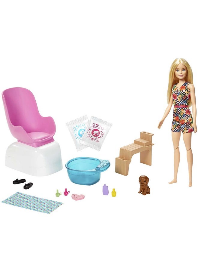 Barbie Manipedi Spa Playset With Blonde Barbie Doll Puppy Foot Spa & Accessories 2 Fizzy Packs Create Foaming Foot Bath Colorchange On Doll'S Nails For Repeat Manicures & Pedicures