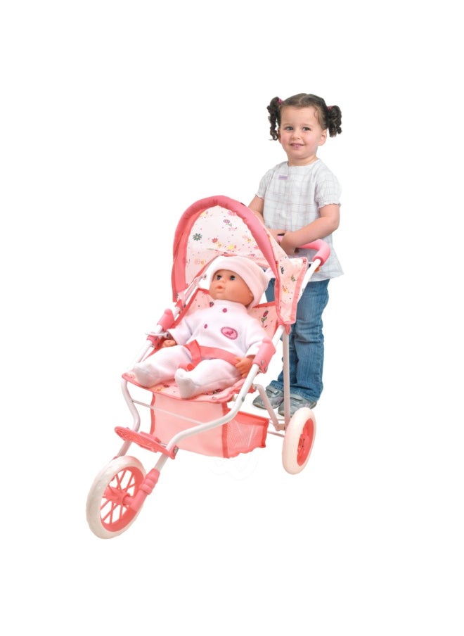 Deluxe 3 Wheel Folding Stroller With Canopy & Basket For Dolls Up To 22 inch from Peterkin gift for kids of Age above 3 years